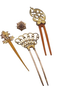 Antique Victorian Ornamental Lot Of GF/Low Karat Gold Unique Hair Picks & Pin