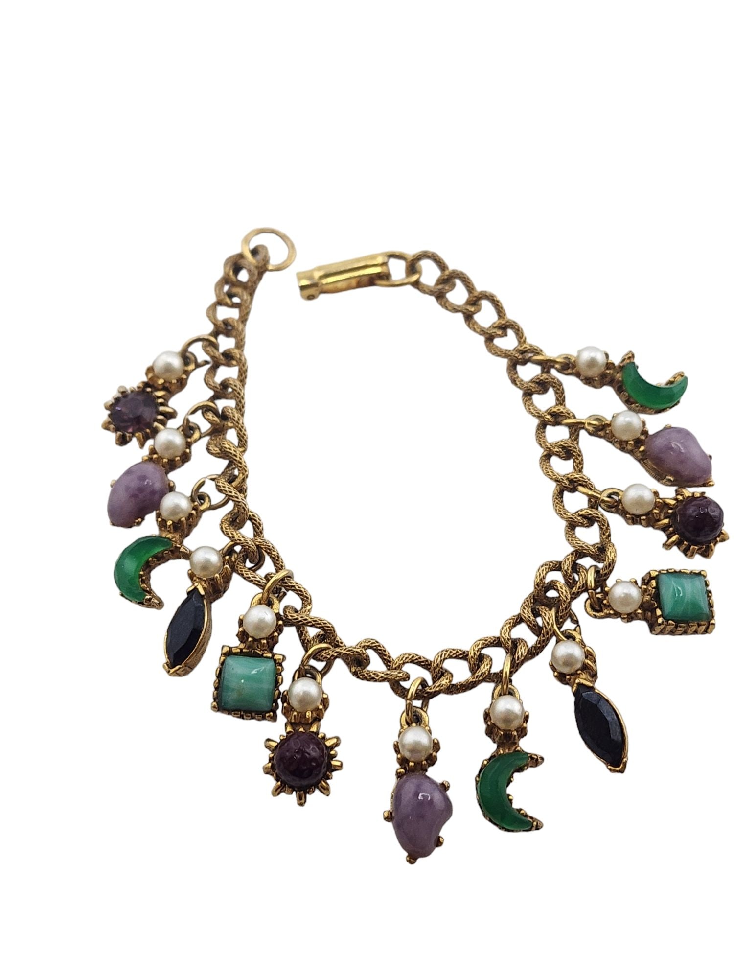 Vintage Dainty Glass/Stone Charm Bracelet: Size: 7.25" Color: Multicolor Condition: Very good vintage Signed: None