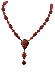 Vintage Czech Molded Glass Unusual Red Cameo Pendant Necklace