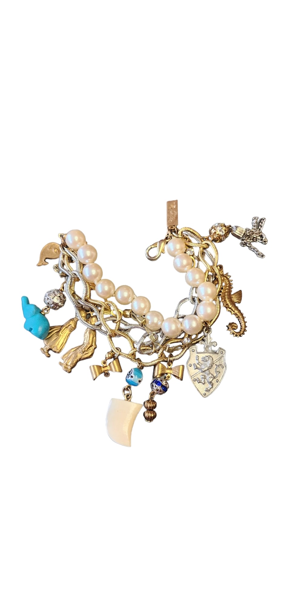 Vintage NOS Faux Pearl Chain Charm Bracelet Signed Bee Charming (1 of 2)