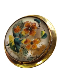 Beautiful antique painted sugared foil back glass fall tone flowers brooch