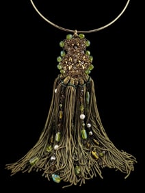 Unusual floral glass and silky fringe huge pendant collar necklace