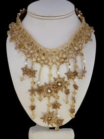 Stunning unique glass seed bead and crystal bib necklace with porcelain portraits
