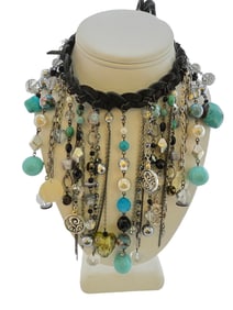 Vintage Bee Charming Pocahontas Braided Suede Crystal Glass Bib Necklace