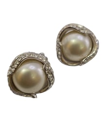 Vintage Ciner Signed Rhinestone Faux Pearl Clip Earrings