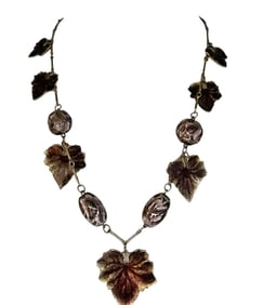 Vintage Enamel Leaves & Molded Murano Glass Charm Necklace