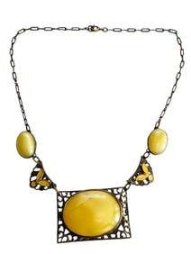 Unique Glowing yellow satin glass with leaf and dot Czech necklace