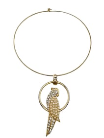 Fabulous 80s rhinestone and faux pearl bird on a wire collar necklace