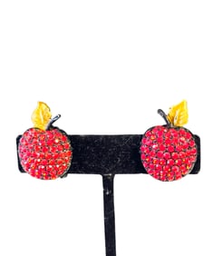 Vintage Unsigned Rhinestone & Enamel Apple Clip Earrings