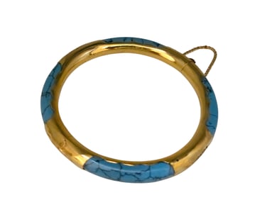 Vintage Enameled and Etched Gold Tone Bangle Bracelet