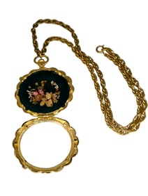Vintage Dried Flower Locket Style or Pocket Watch Style Pendant Necklace