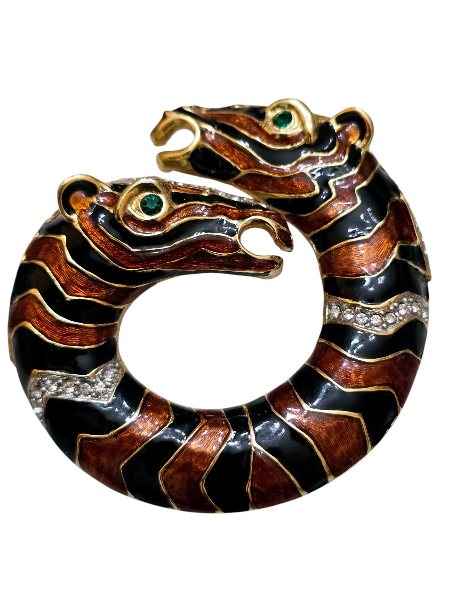 Vintage Double Headed Zebra Enamel Brooch Attributed to KJL: Vintage Double Headed Zebra Enamel Brooch Attributed to KJL, 2.5" Not signed. WE OFFER IN-HOUSE SHIPPING VIA UPS AS WELL AS LIVE SHIPPING AND LOCAL PICK UP!