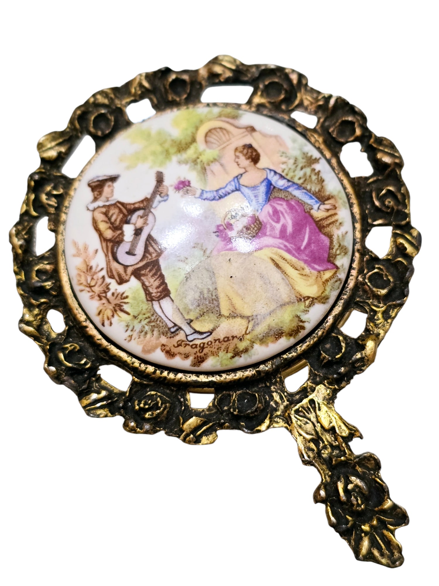 Vintage Fragonard Heavy Porcelain Elaborate Hand Mirror: Vintage Fragonard Heavy Porcelain Elaborate Hand Mirror, 3". Mirror need cleaning. WE OFFER IN-HOUSE SHIPPING VIA UPS AS WELL AS LIVE SHIPPING AND LOCAL PICK UP!