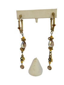 Vintage Matte Gold Crystal and Glass Dangling Hoop Pierced Earrings