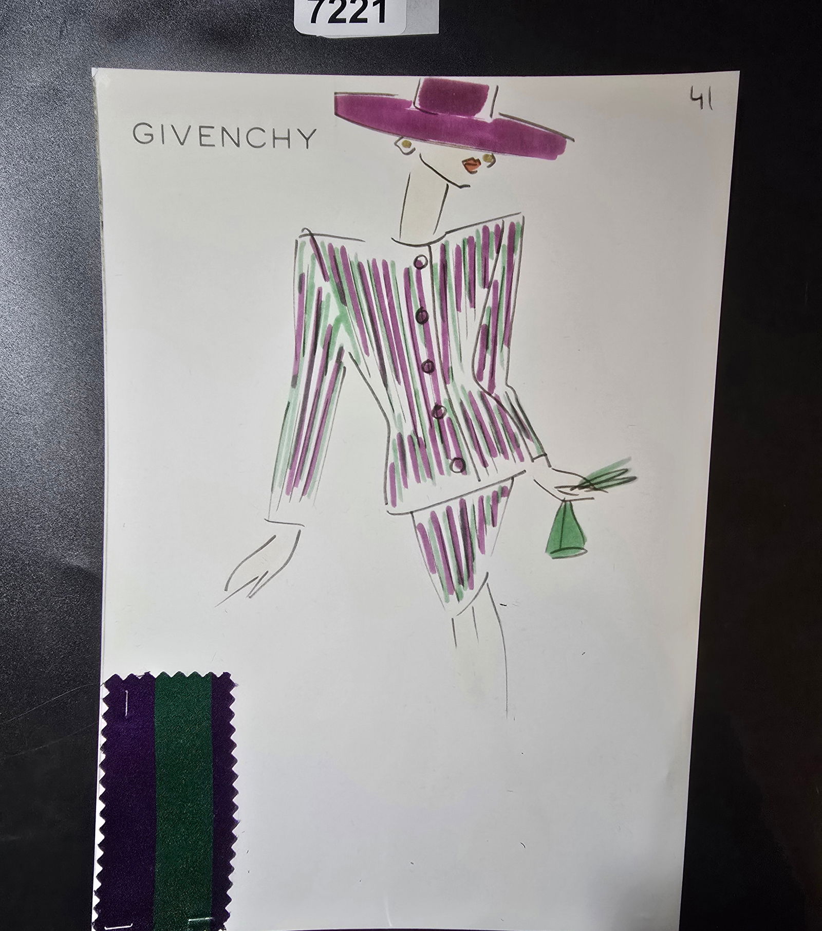 VINTAGE ORIGINAL GIVENCHY PARIS FASHION COLOR ILLUSTRATION WITH COLOR FABRIC SWATCHES #41: VINTAGE ORIGINAL GIVENCHY PARIS FASHION COLOR ILLUSTRATION WITH COLOR FABRIC SWATCHES #41, EACH CAME FROM GIVENCHY PARIS 1980S. AMAZING CONDITION FRM COUTURE BUYER COLLECTOR 1980S! EXCELLENT FOR FRAMI