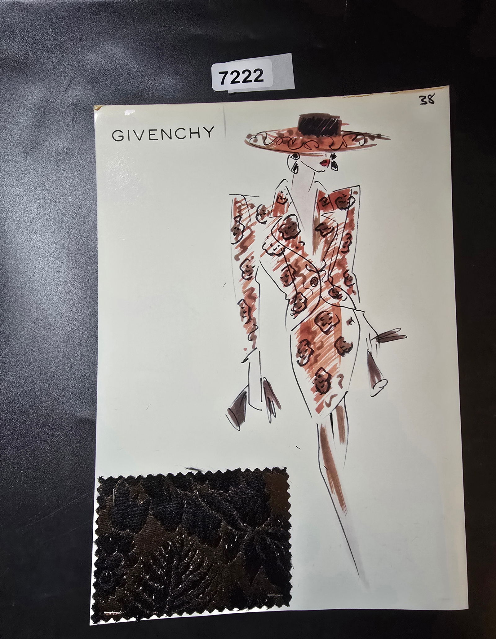 VINTAGE ORIGINAL GIVENCHY PARIS FASHION COLOR ILLUSTRATION WITH COLOR FABRIC SWATCHES #38: VINTAGE ORIGINAL GIVENCHY PARIS FASHION COLOR ILLUSTRATION WITH COLOR FABRIC SWATCHES #38, EACH CAME FROM GIVENCHY PARIS 1980S. AMAZING CONDITION FRM COUTURE BUYER COLLECTOR 1980S! EXCELLENT FOR FRAMI