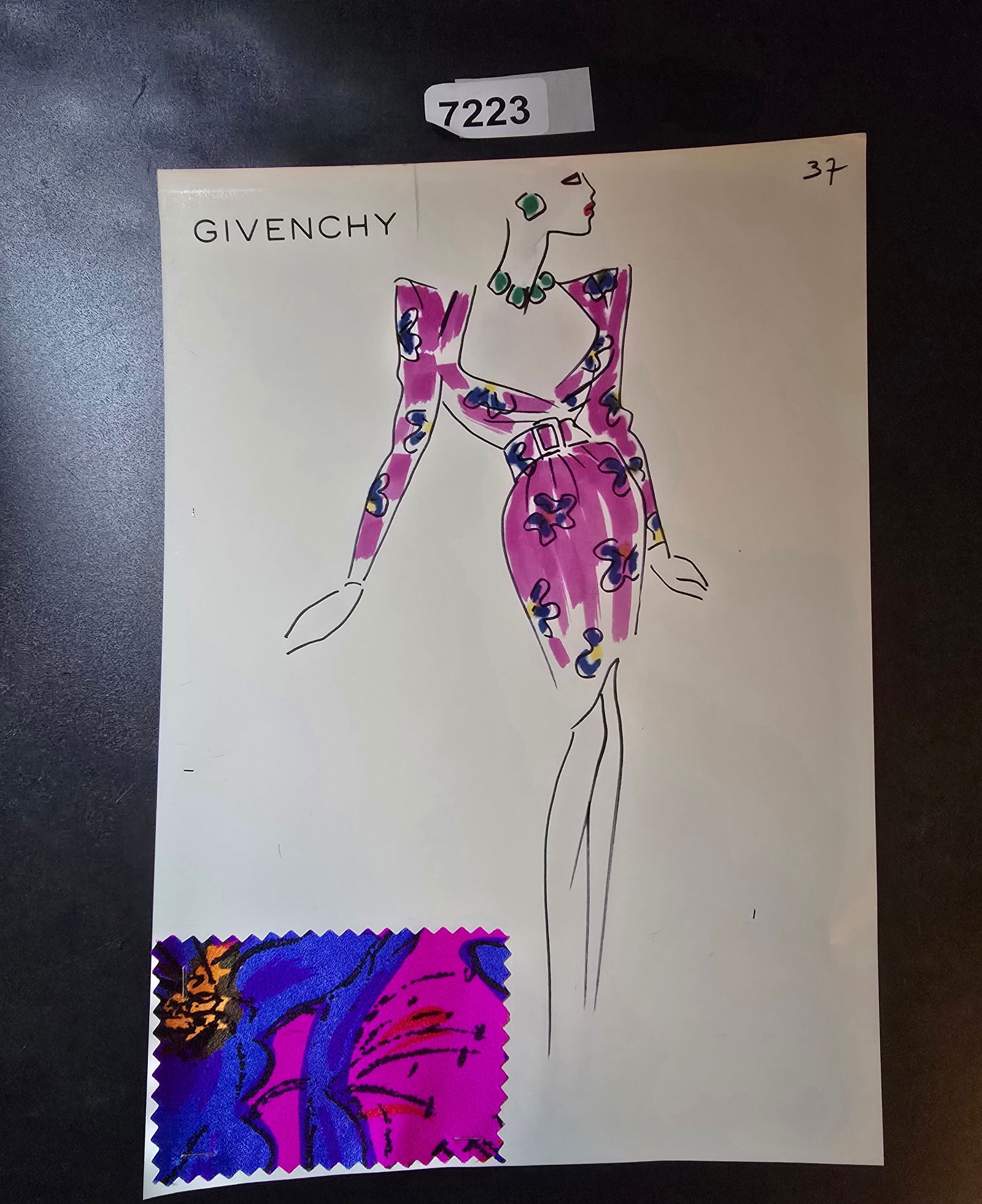 VINTAGE ORIGINAL GIVENCHY PARIS FASHION COLOR ILLUSTRATION WITH COLOR FABRIC SWATCHES #37: VINTAGE ORIGINAL GIVENCHY PARIS FASHION COLOR ILLUSTRATION WITH COLOR FABRIC SWATCHES #37, EACH CAME FROM GIVENCHY PARIS 1980S. AMAZING CONDITION FRM COUTURE BUYER COLLECTOR 1980S! EXCELLENT FOR FRAMI