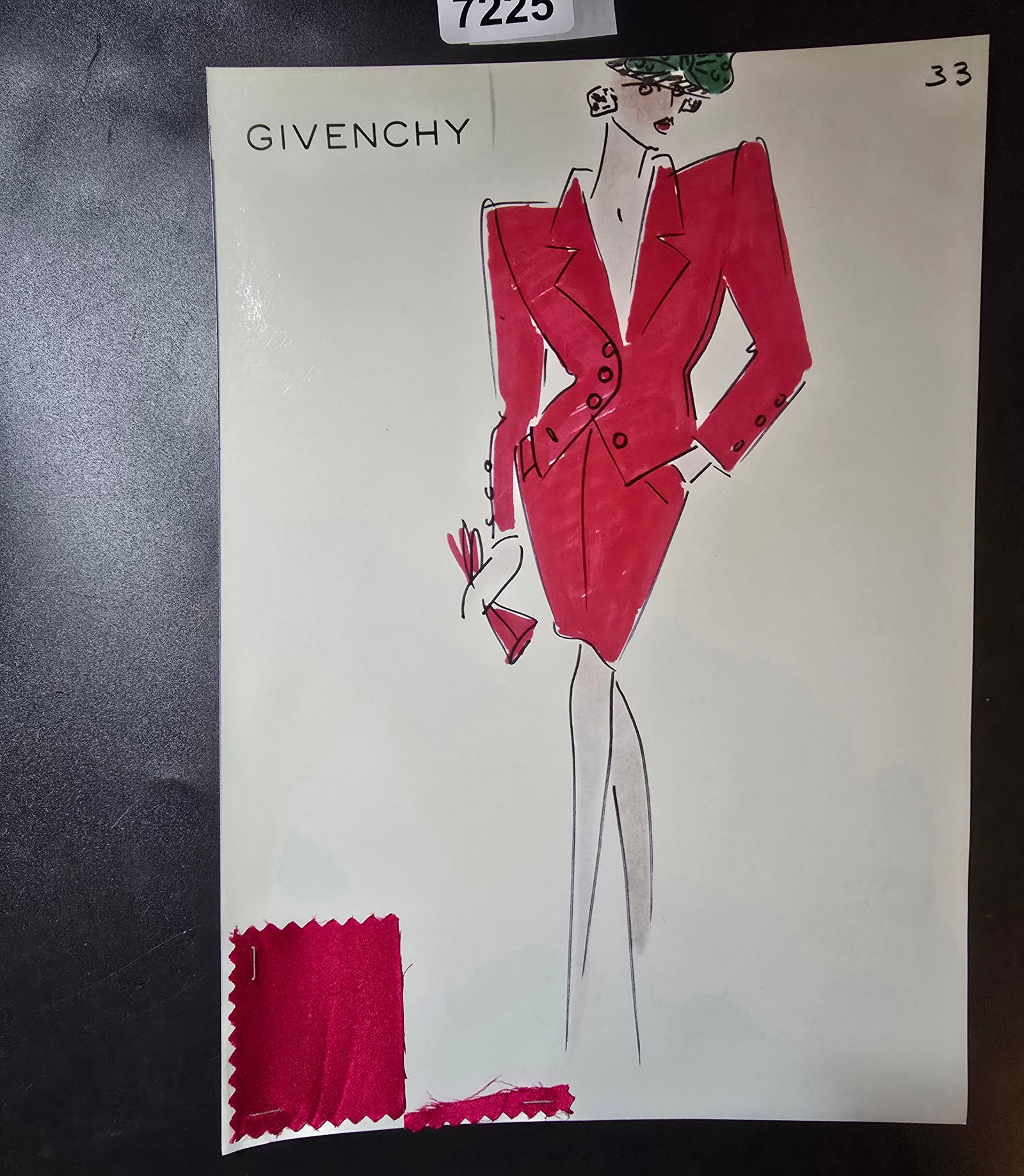 VINTAGE ORIGINAL GIVENCHY PARIS FASHION COLOR ILLUSTRATION WITH COLOR FABRIC SWATCHES #33: VINTAGE ORIGINAL GIVENCHY PARIS FASHION COLOR ILLUSTRATION WITH COLOR FABRIC SWATCHES #33, EACH CAME FROM GIVENCHY PARIS 1980S. AMAZING CONDITION FRM COUTURE BUYER COLLECTOR 1980S! EXCELLENT FOR FRAMI