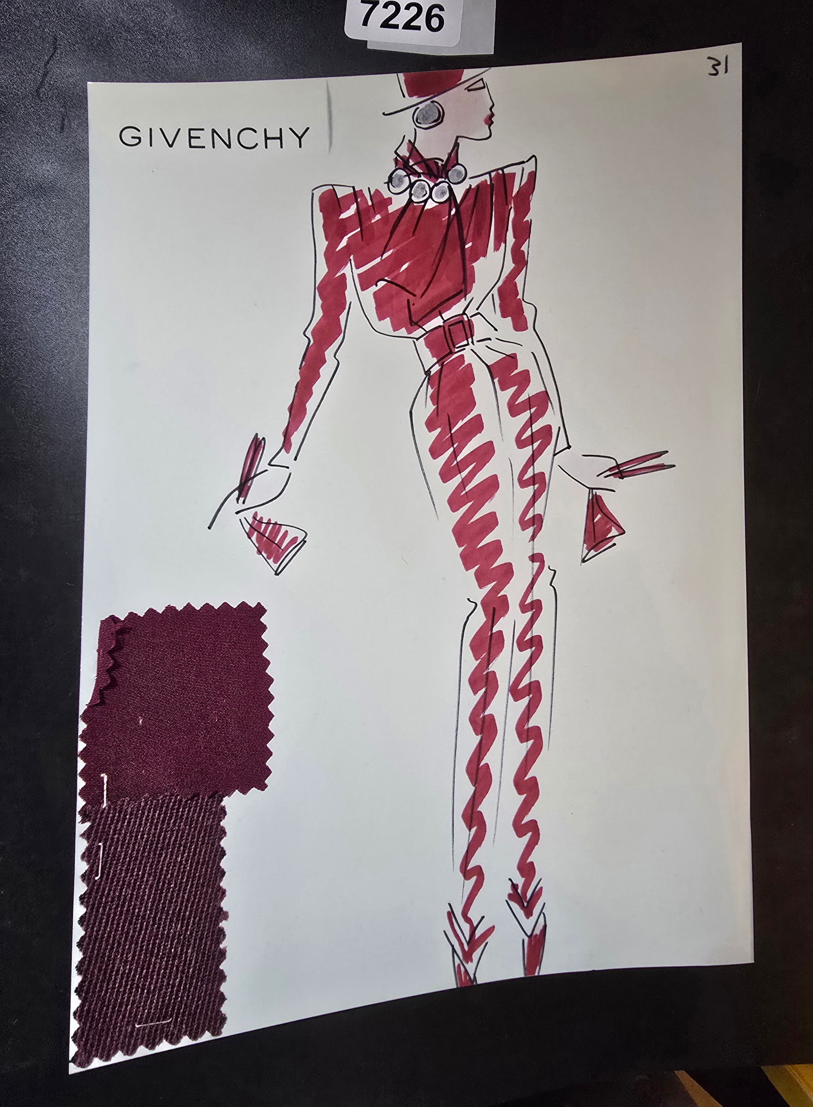 VINTAGE ORIGINAL GIVENCHY PARIS FASHION COLOR ILLUSTRATION WITH COLOR FABRIC SWATCHES #31: VINTAGE ORIGINAL GIVENCHY PARIS FASHION COLOR ILLUSTRATION WITH COLOR FABRIC SWATCHES #31, EACH CAME FROM GIVENCHY PARIS 1980S. AMAZING CONDITION FRM COUTURE BUYER COLLECTOR 1980S! EXCELLENT FOR FRAMI