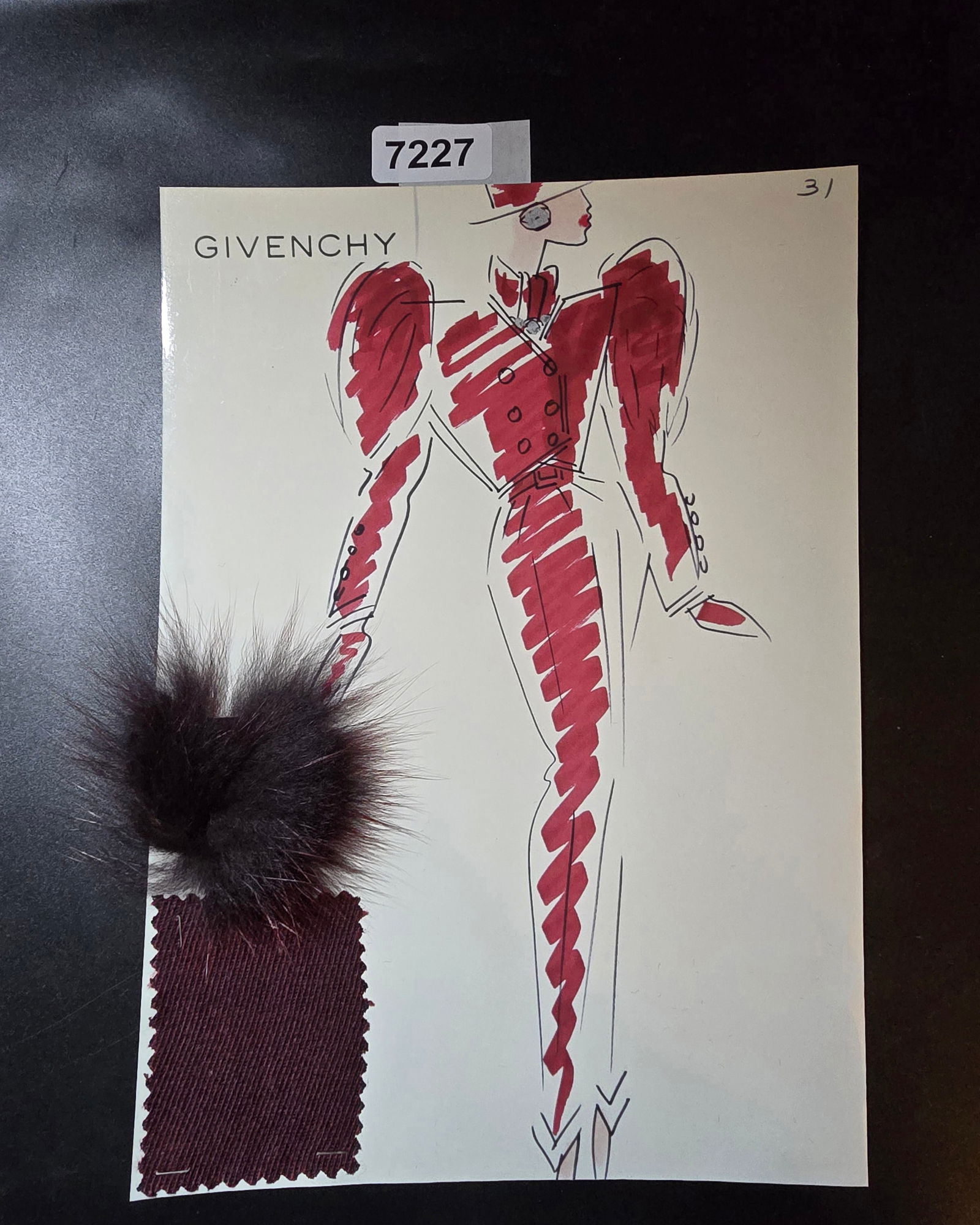 VINTAGE ORIGINAL GIVENCHY PARIS FASHION COLOR ILLUSTRATION WITH COLOR FABRIC SWATCHES #31: VINTAGE ORIGINAL GIVENCHY PARIS FASHION COLOR ILLUSTRATION WITH COLOR FABRIC SWATCHES #31, EACH CAME FROM GIVENCHY PARIS 1980S. AMAZING CONDITION FRM COUTURE BUYER COLLECTOR 1980S! EXCELLENT FOR FRAMI