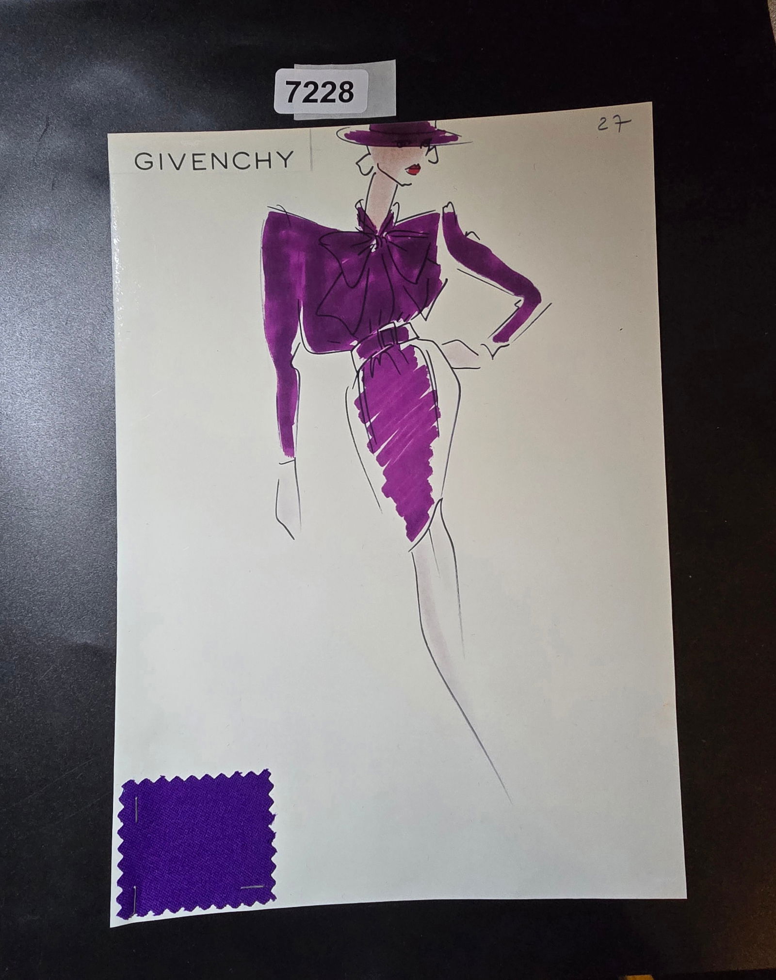 VINTAGE ORIGINAL GIVENCHY PARIS FASHION COLOR ILLUSTRATION WITH COLOR FABRIC SWATCHES #27: VINTAGE ORIGINAL GIVENCHY PARIS FASHION COLOR ILLUSTRATION WITH COLOR FABRIC SWATCHES #27, EACH CAME FROM GIVENCHY PARIS 1980S. AMAZING CONDITION FRM COUTURE BUYER COLLECTOR 1980S! EXCELLENT FOR FRAMI