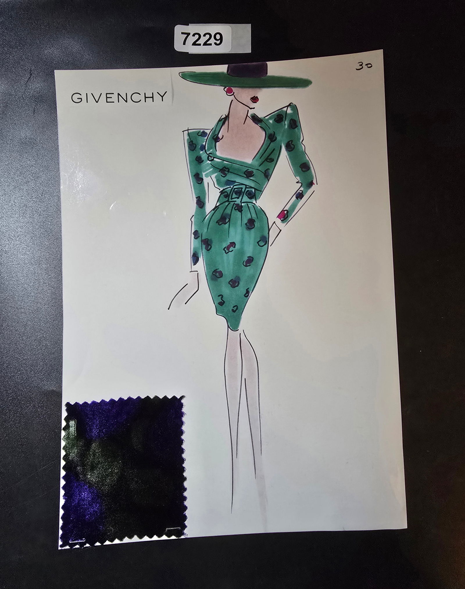 VINTAGE ORIGINAL GIVENCHY PARIS FASHION COLOR ILLUSTRATION WITH COLOR FABRIC SWATCHES #30: VINTAGE ORIGINAL GIVENCHY PARIS FASHION COLOR ILLUSTRATION WITH COLOR FABRIC SWATCHES #30, EACH CAME FROM GIVENCHY PARIS 1980S. AMAZING CONDITION FRM COUTURE BUYER COLLECTOR 1980S! EXCELLENT FOR FRAMI