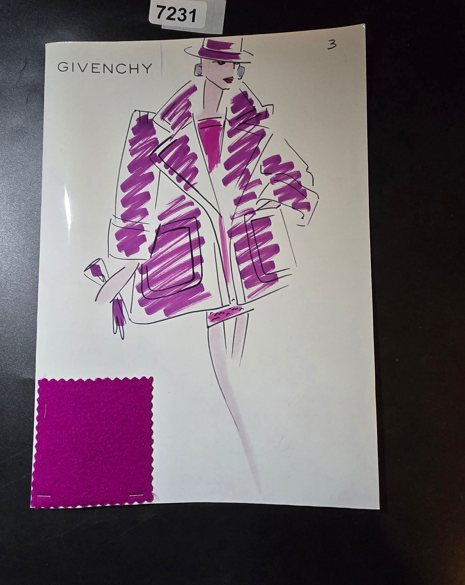 VINTAGE ORIGINAL GIVENCHY PARIS FASHION COLOR ILLUSTRATION WITH COLOR FABRIC SWATCHES #3: VINTAGE ORIGINAL GIVENCHY PARIS FASHION COLOR ILLUSTRATION WITH COLOR FABRIC SWATCHES #3, EACH CAME FROM GIVENCHY PARIS 1980S. AMAZING CONDITION FRM COUTURE BUYER COLLECTOR 1980S! EXCELLENT FOR FRAMIN