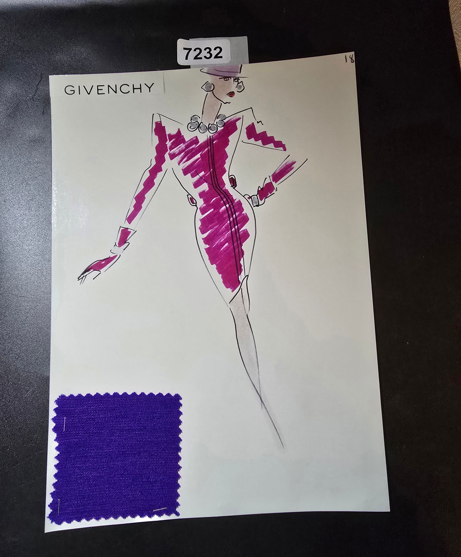 VINTAGE ORIGINAL GIVENCHY PARIS FASHION COLOR ILLUSTRATION WITH COLOR FABRIC SWATCHES #18: VINTAGE ORIGINAL GIVENCHY PARIS FASHION COLOR ILLUSTRATION WITH COLOR FABRIC SWATCHES #18, EACH CAME FROM GIVENCHY PARIS 1980S. AMAZING CONDITION FRM COUTURE BUYER COLLECTOR 1980S! EXCELLENT FOR FRAMI