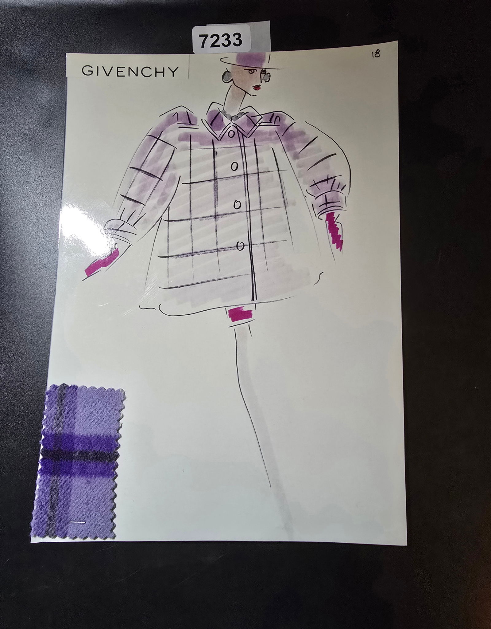 VINTAGE ORIGINAL GIVENCHY PARIS FASHION COLOR ILLUSTRATION WITH COLOR FABRIC SWATCHES #18: VINTAGE ORIGINAL GIVENCHY PARIS FASHION COLOR ILLUSTRATION WITH COLOR FABRIC SWATCHES #18, EACH CAME FROM GIVENCHY PARIS 1980S. AMAZING CONDITION FRM COUTURE BUYER COLLECTOR 1980S! EXCELLENT FOR FRAMI