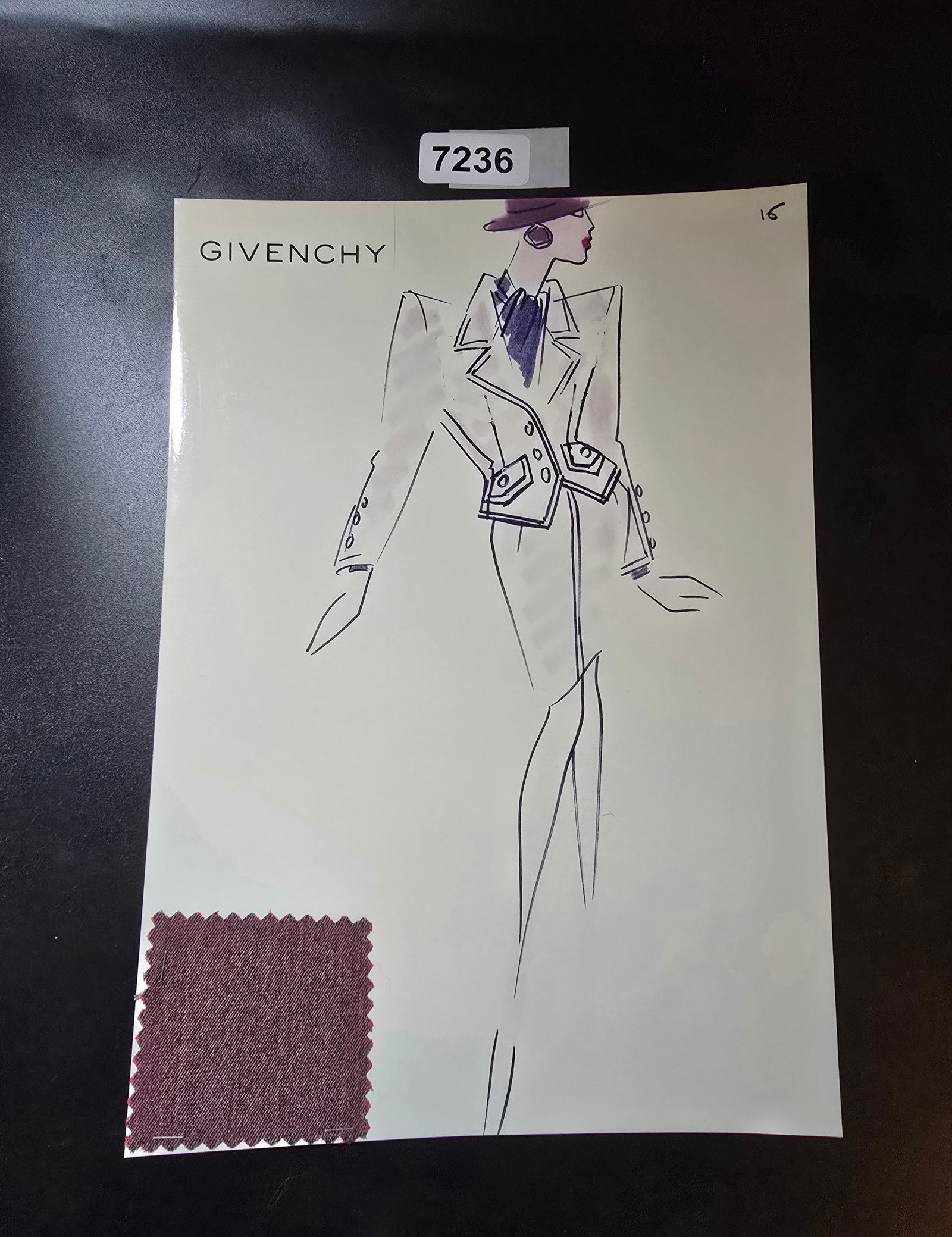 VINTAGE ORIGINAL GIVENCHY PARIS FASHION COLOR ILLUSTRATION WITH COLOR FABRIC SWATCHES #16: VINTAGE ORIGINAL GIVENCHY PARIS FASHION COLOR ILLUSTRATION WITH COLOR FABRIC SWATCHES #16, EACH CAME FROM GIVENCHY PARIS 1980S. AMAZING CONDITION FRM COUTURE BUYER COLLECTOR 1980S! EXCELLENT FOR FRAMI