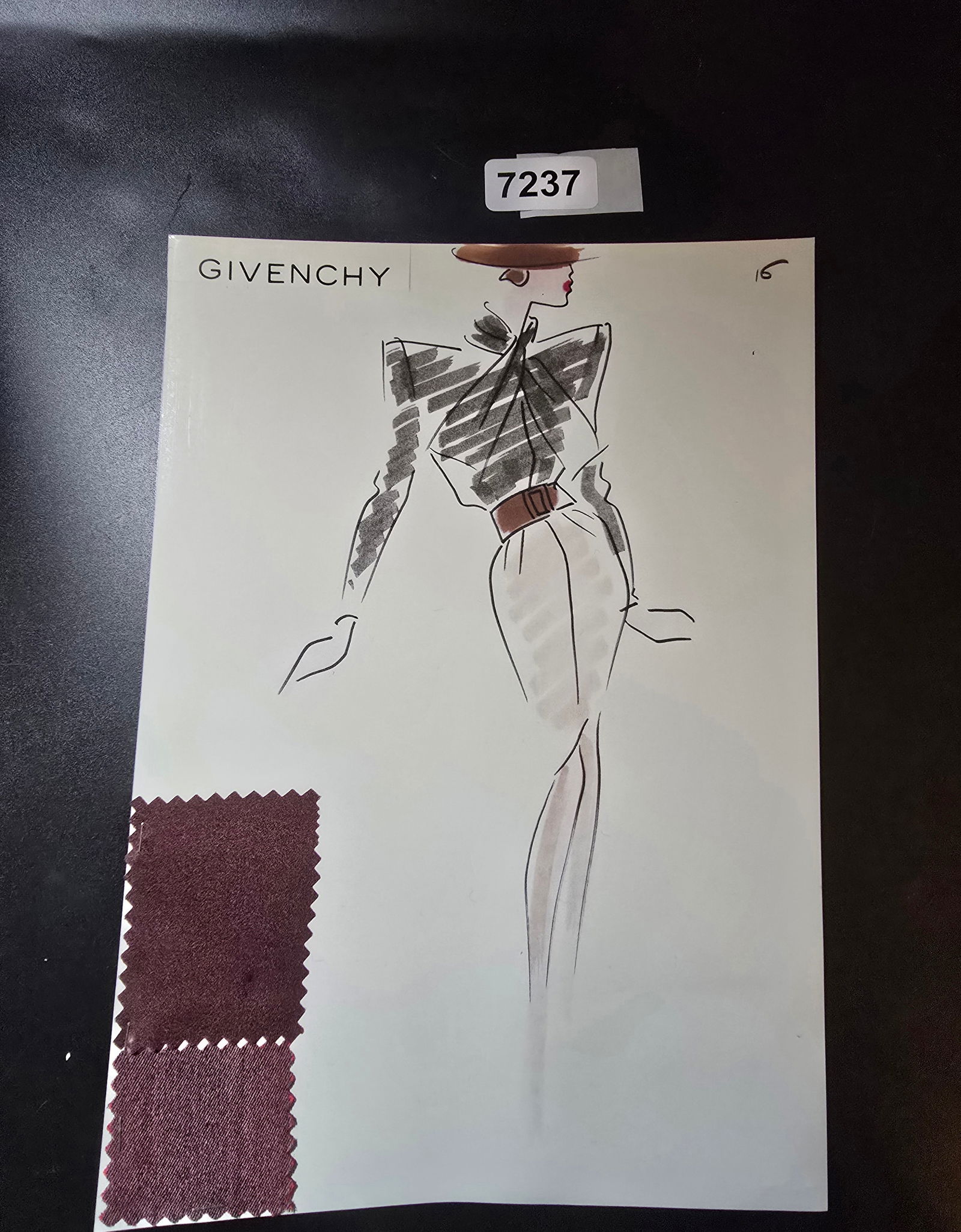 VINTAGE ORIGINAL GIVENCHY PARIS FASHION COLOR ILLUSTRATION WITH COLOR FABRIC SWATCHES #16: VINTAGE ORIGINAL GIVENCHY PARIS FASHION COLOR ILLUSTRATION WITH COLOR FABRIC SWATCHES #16, EACH CAME FROM GIVENCHY PARIS 1980S. AMAZING CONDITION FRM COUTURE BUYER COLLECTOR 1980S! EXCELLENT FOR FRAMI