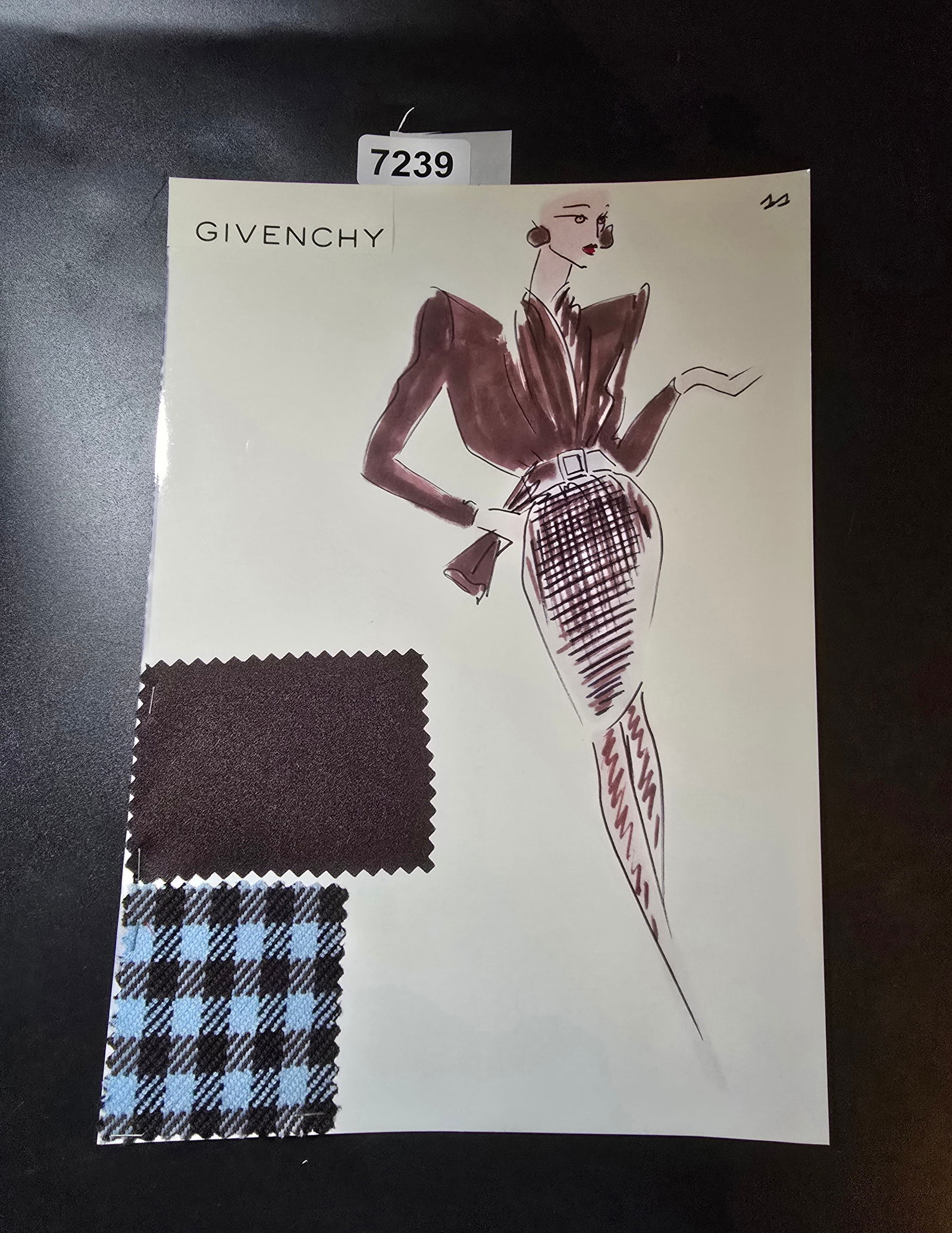 VINTAGE ORIGINAL GIVENCHY PARIS FASHION COLOR ILLUSTRATION WITH COLOR FABRIC SWATCHES #11: VINTAGE ORIGINAL GIVENCHY PARIS FASHION COLOR ILLUSTRATION WITH COLOR FABRIC SWATCHES #11, EACH CAME FROM GIVENCHY PARIS 1980S. AMAZING CONDITION FRM COUTURE BUYER COLLECTOR 1980S! EXCELLENT FOR FRAMI