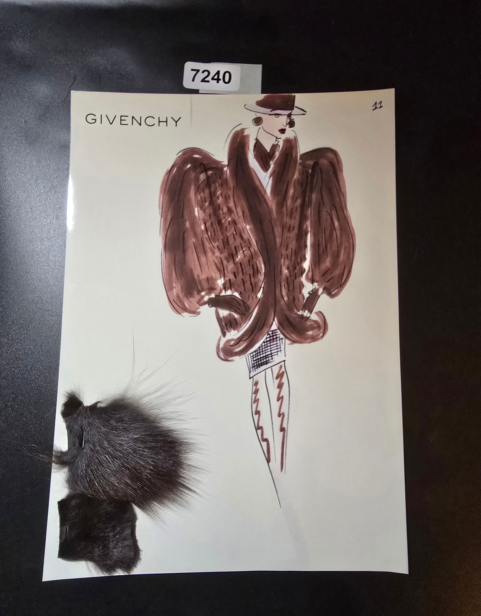 VINTAGE ORIGINAL GIVENCHY PARIS FASHION COLOR ILLUSTRATION WITH COLOR FABRIC SWATCHES #11: VINTAGE ORIGINAL GIVENCHY PARIS FASHION COLOR ILLUSTRATION WITH COLOR FABRIC SWATCHES #11, EACH CAME FROM GIVENCHY PARIS 1980S. AMAZING CONDITION FRM COUTURE BUYER COLLECTOR 1980S! EXCELLENT FOR FRAMI