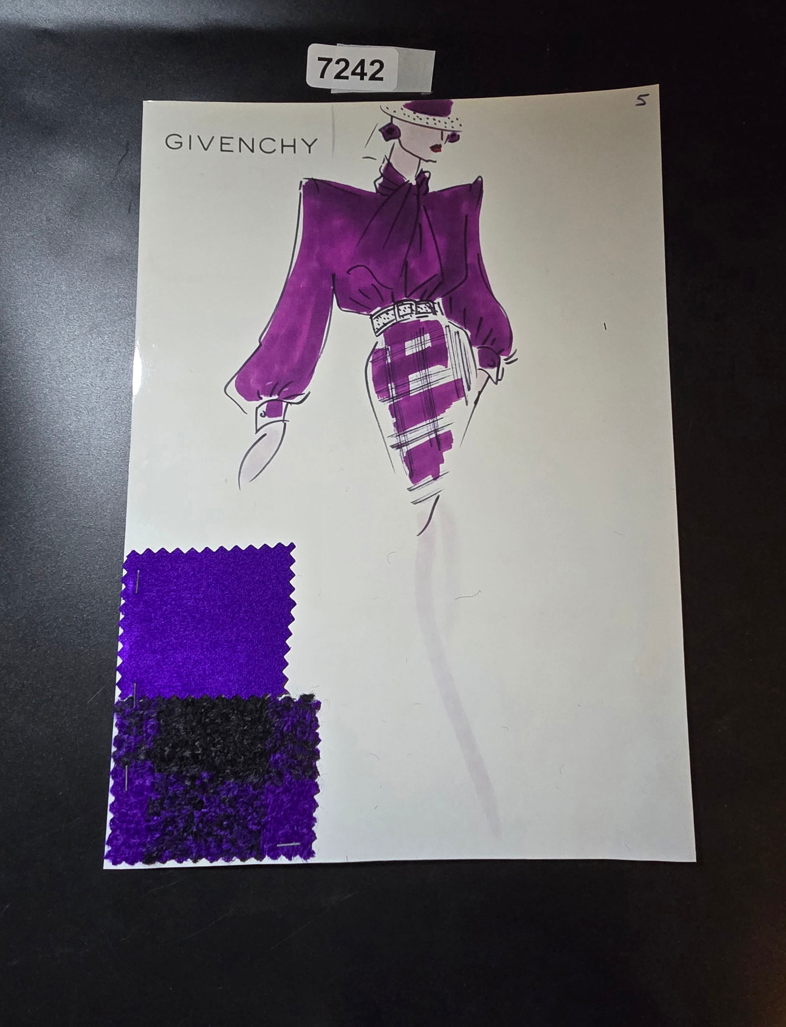 VINTAGE ORIGINAL GIVENCHY PARIS FASHION COLOR ILLUSTRATION WITH COLOR FABRIC SWATCHES #5: VINTAGE ORIGINAL GIVENCHY PARIS FASHION COLOR ILLUSTRATION WITH COLOR FABRIC SWATCHES #5, EACH CAME FROM GIVENCHY PARIS 1980S. AMAZING CONDITION FRM COUTURE BUYER COLLECTOR 1980S! EXCELLENT FOR FRAMIN