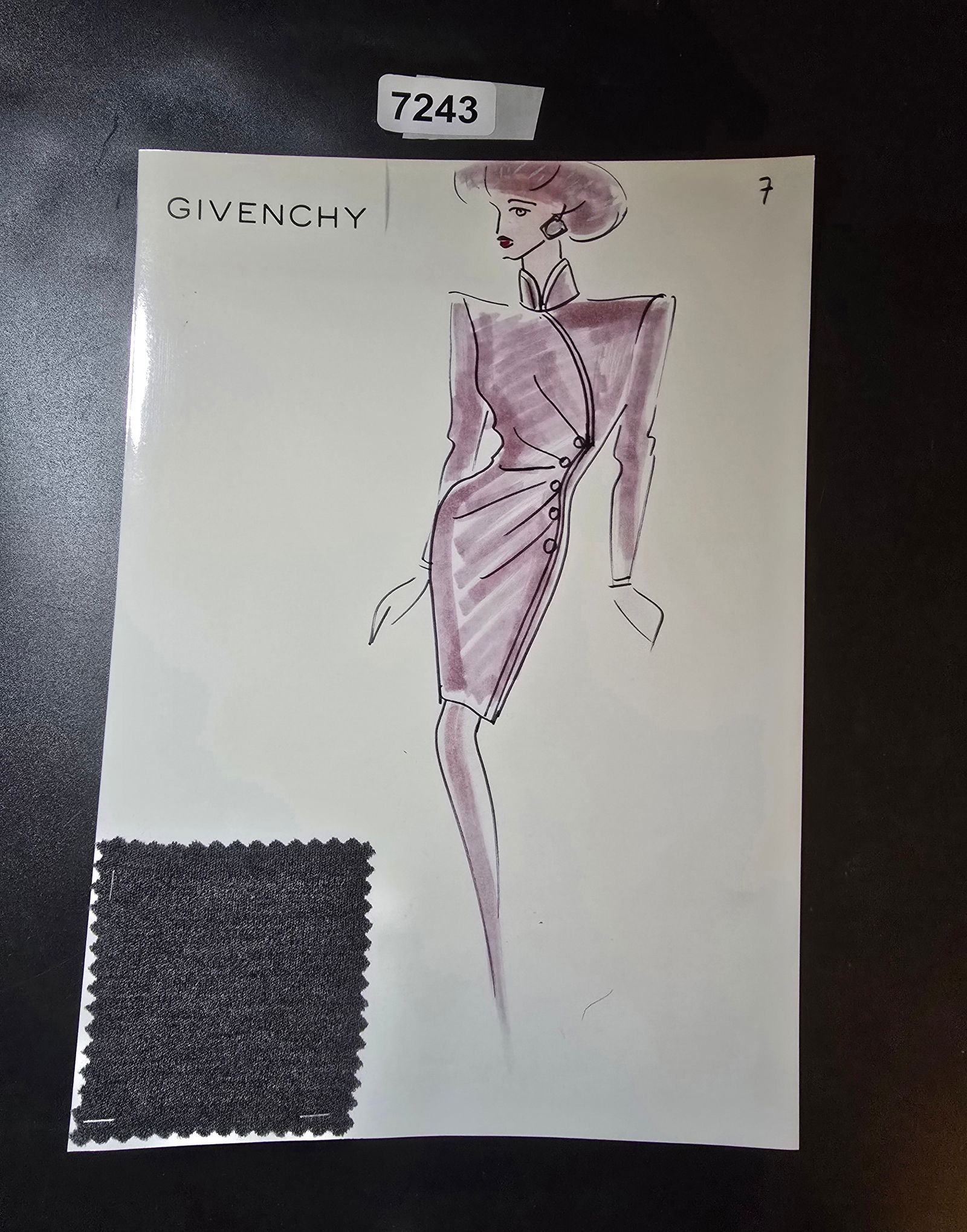 VINTAGE ORIGINAL GIVENCHY PARIS FASHION COLOR ILLUSTRATION WITH COLOR FABRIC SWATCHES #7: VINTAGE ORIGINAL GIVENCHY PARIS FASHION COLOR ILLUSTRATION WITH COLOR FABRIC SWATCHES #7, EACH CAME FROM GIVENCHY PARIS 1980S. AMAZING CONDITION FRM COUTURE BUYER COLLECTOR 1980S! EXCELLENT FOR FRAMIN