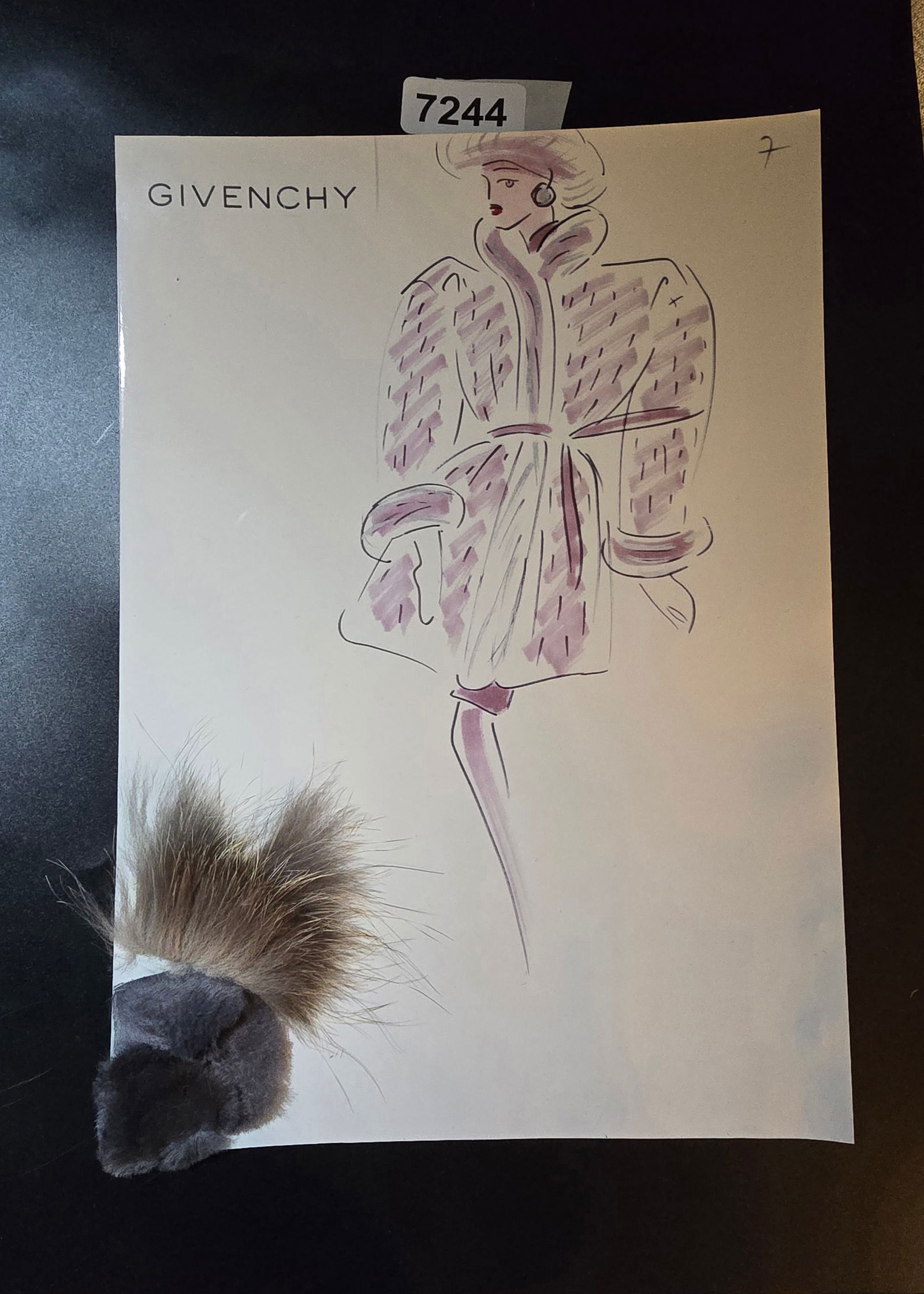 VINTAGE ORIGINAL GIVENCHY PARIS FASHION COLOR ILLUSTRATION WITH COLOR FABRIC SWATCHES #7: VINTAGE ORIGINAL GIVENCHY PARIS FASHION COLOR ILLUSTRATION WITH COLOR FABRIC SWATCHES #7, EACH CAME FROM GIVENCHY PARIS 1980S. AMAZING CONDITION FRM COUTURE BUYER COLLECTOR 1980S! EXCELLENT FOR FRAMIN