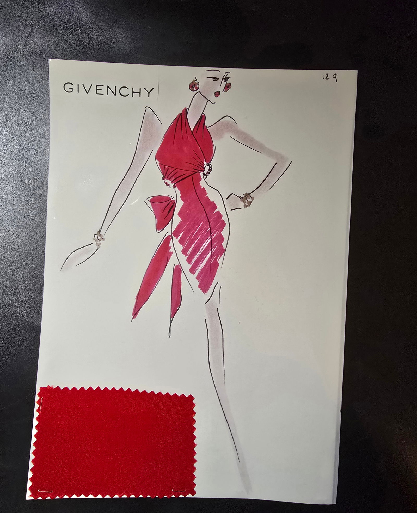 VINTAGE ORIGINAL GIVENCHY PARIS FASHION COLOR ILLUSTRATION WITH COLOR FABRIC SWATCHES #129: VINTAGE ORIGINAL GIVENCHY PARIS FASHION COLOR ILLUSTRATION WITH COLOR FABRIC SWATCHES #129, EACH CAME FROM GIVENCHY PARIS 1980S. AMAZING CONDITION FRM COUTURE BUYER COLLECTOR 1980S! EXCELLENT FOR FRAM