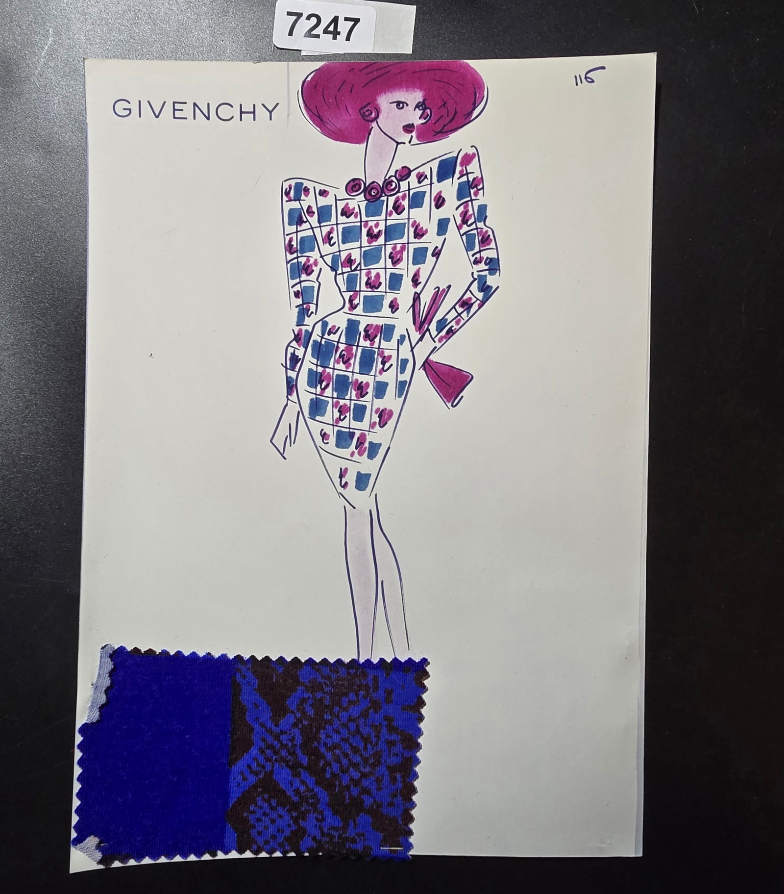 VINTAGE ORIGINAL GIVENCHY PARIS FASHION COLOR ILLUSTRATION WITH COLOR FABRIC SWATCHES #116: VINTAGE ORIGINAL GIVENCHY PARIS FASHION COLOR ILLUSTRATION WITH COLOR FABRIC SWATCHES #116, EACH CAME FROM GIVENCHY PARIS 1980S. AMAZING CONDITION FRM COUTURE BUYER COLLECTOR 1980S! EXCELLENT FOR FRAM