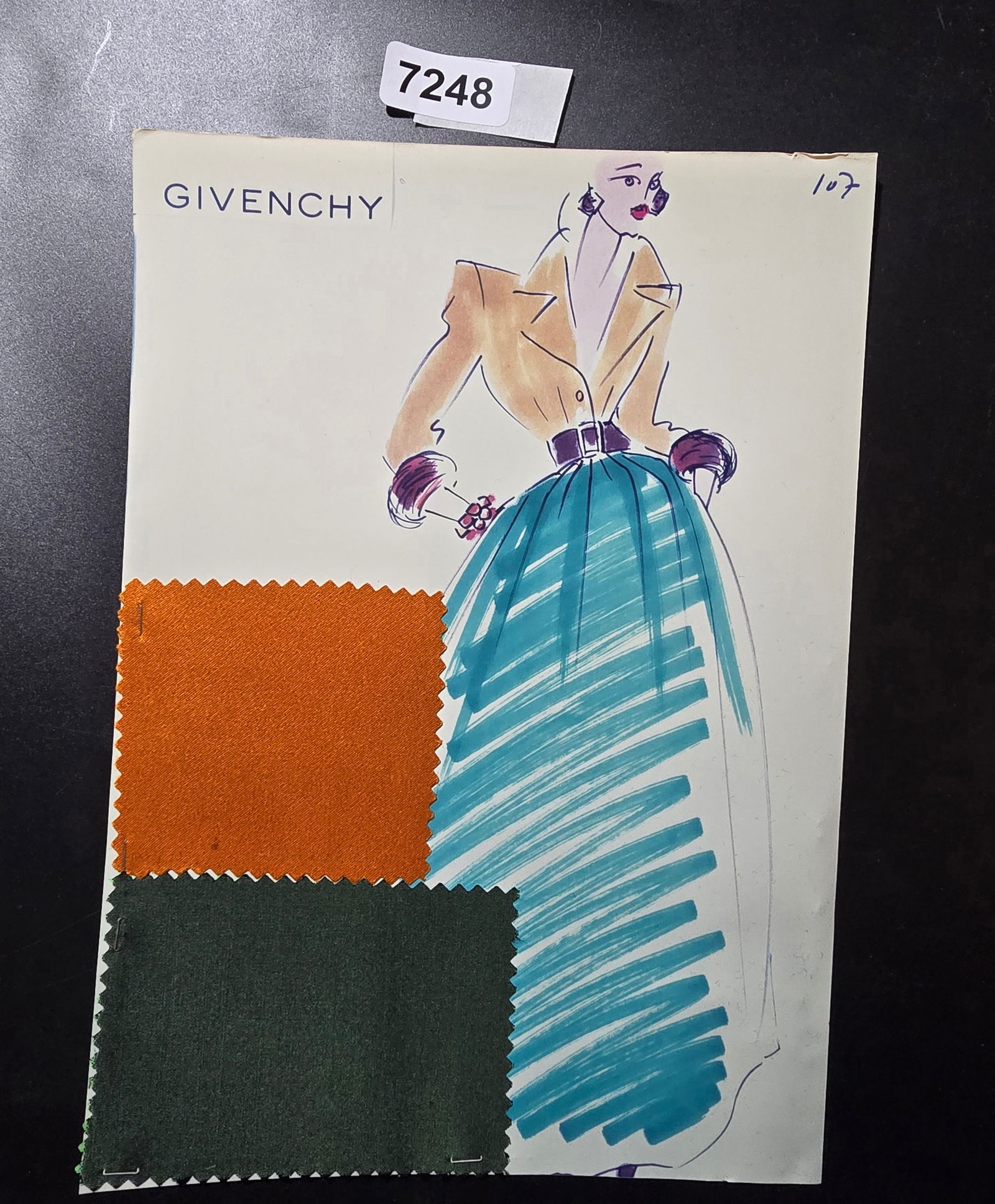 VINTAGE ORIGINAL GIVENCHY PARIS FASHION COLOR ILLUSTRATION WITH COLOR FABRIC SWATCHES #107 (1 of 3)