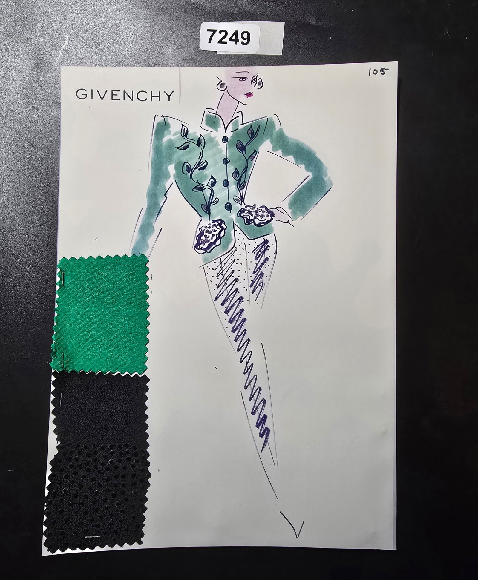 VINTAGE ORIGINAL GIVENCHY PARIS FASHION COLOR ILLUSTRATION WITH COLOR FABRIC SWATCHES #105: VINTAGE ORIGINAL GIVENCHY PARIS FASHION COLOR ILLUSTRATION WITH COLOR FABRIC SWATCHES #105, EACH CAME FROM GIVENCHY PARIS 1980S. AMAZING CONDITION FRM COUTURE BUYER COLLECTOR 1980S! EXCELLENT FOR FRAM