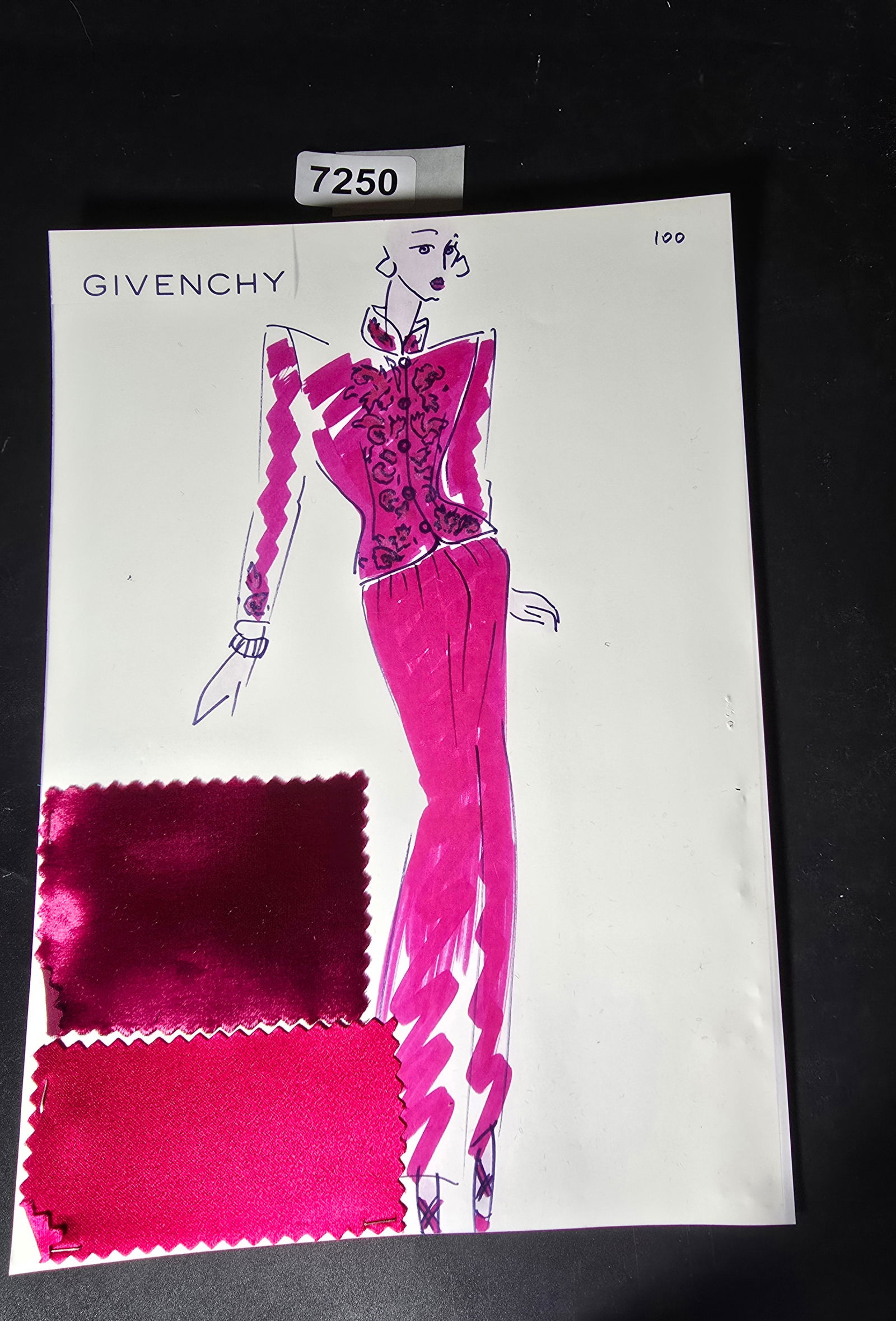 VINTAGE ORIGINAL GIVENCHY PARIS FASHION COLOR ILLUSTRATION WITH COLOR FABRIC SWATCHES #100: VINTAGE ORIGINAL GIVENCHY PARIS FASHION COLOR ILLUSTRATION WITH COLOR FABRIC SWATCHES #100, EACH CAME FROM GIVENCHY PARIS 1980S. AMAZING CONDITION FRM COUTURE BUYER COLLECTOR 1980S! EXCELLENT FOR FRAM