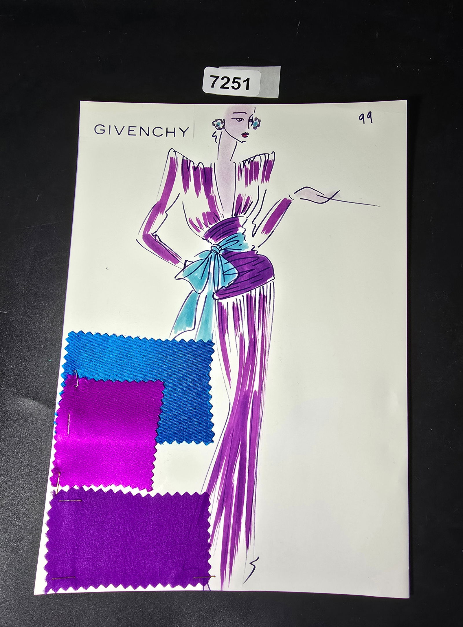 VINTAGE ORIGINAL GIVENCHY PARIS FASHION COLOR ILLUSTRATION WITH COLOR FABRIC SWATCHES #99: VINTAGE ORIGINAL GIVENCHY PARIS FASHION COLOR ILLUSTRATION WITH COLOR FABRIC SWATCHES #99, EACH CAME FROM GIVENCHY PARIS 1980S. AMAZING CONDITION FRM COUTURE BUYER COLLECTOR 1980S! EXCELLENT FOR FRAMI
