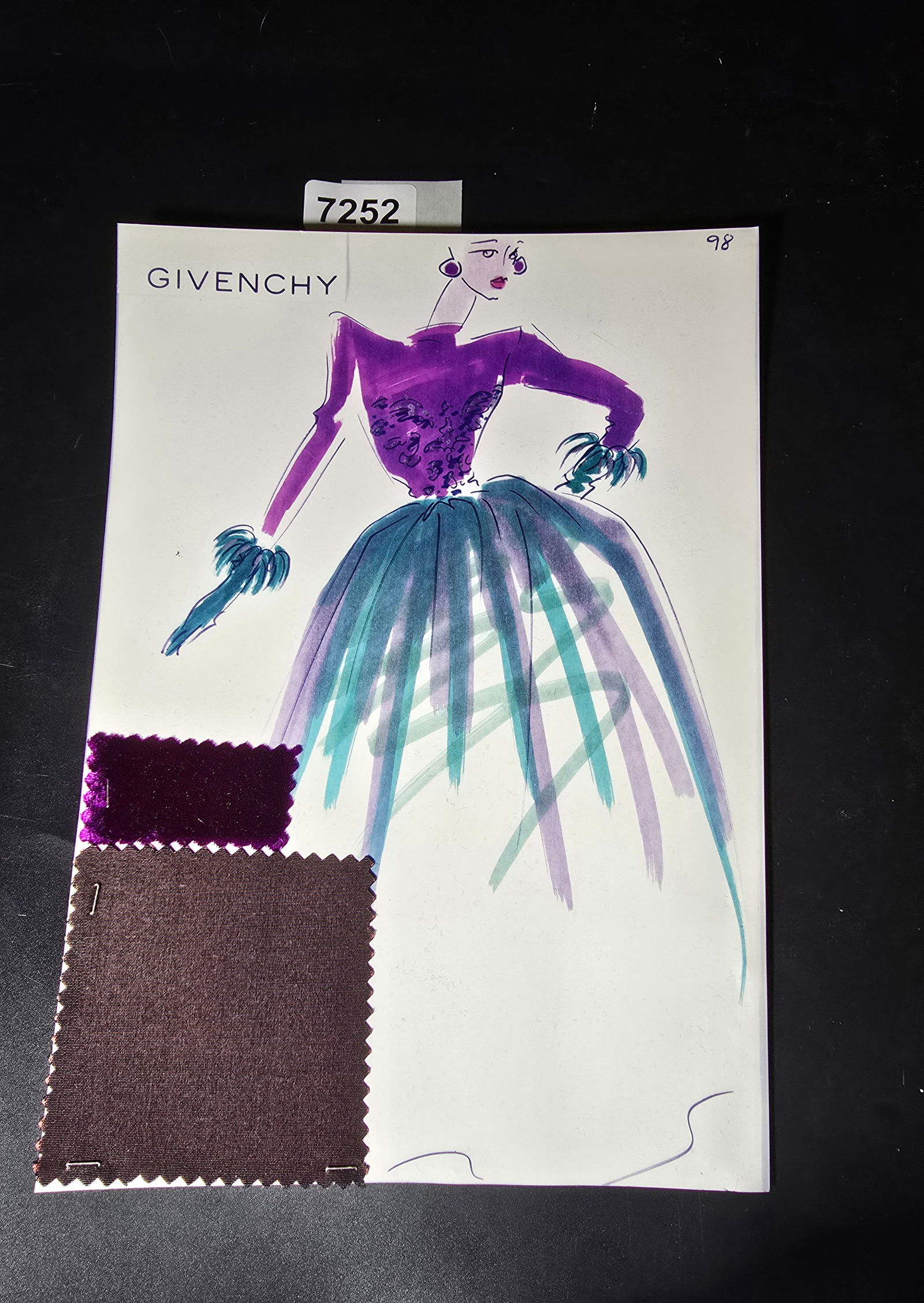 VINTAGE ORIGINAL GIVENCHY PARIS FASHION COLOR ILLUSTRATION WITH COLOR FABRIC SWATCHES #98: VINTAGE ORIGINAL GIVENCHY PARIS FASHION COLOR ILLUSTRATION WITH COLOR FABRIC SWATCHES #98, EACH CAME FROM GIVENCHY PARIS 1980S. AMAZING CONDITION FRM COUTURE BUYER COLLECTOR 1980S! EXCELLENT FOR FRAMI