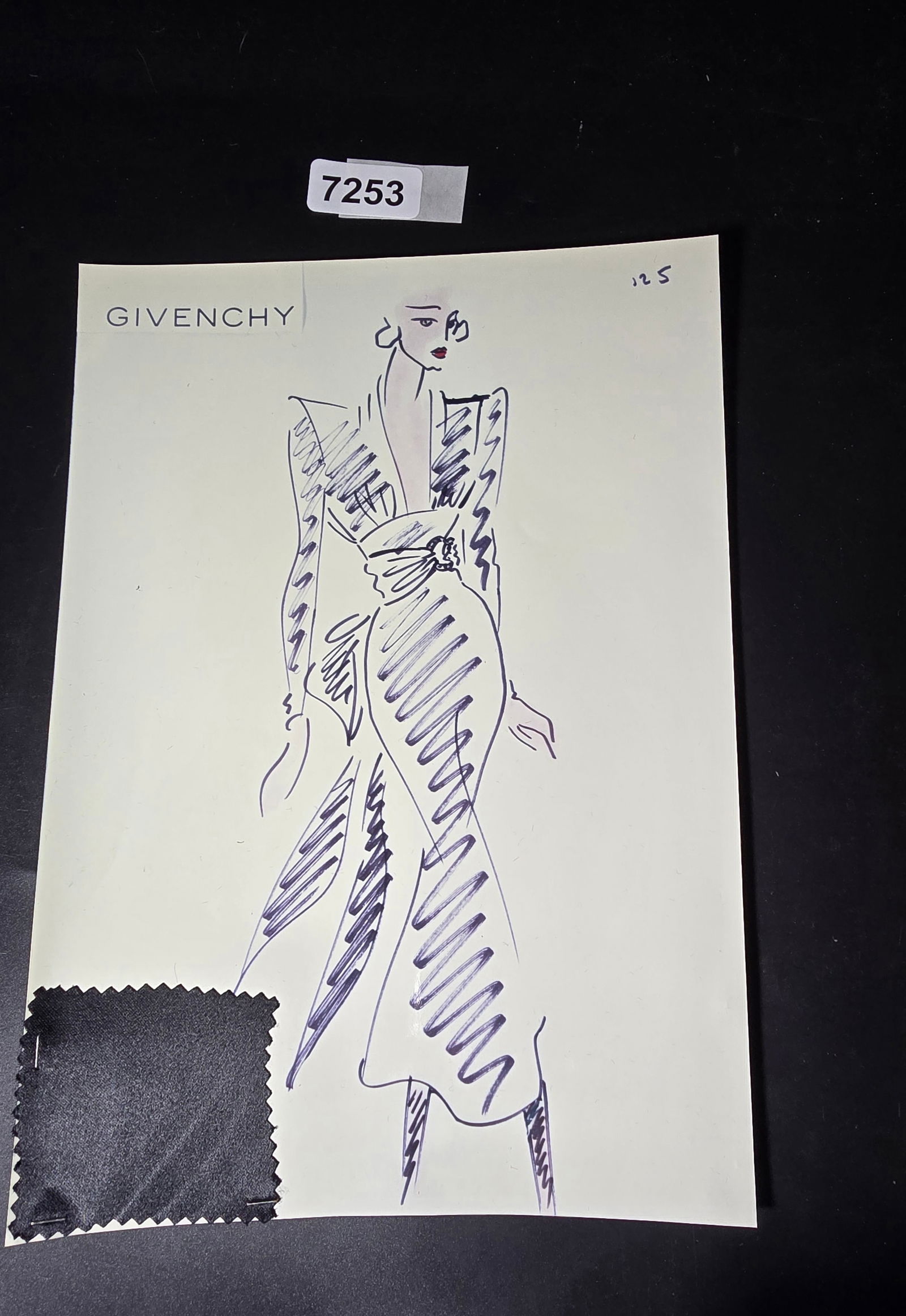 VINTAGE ORIGINAL GIVENCHY PARIS FASHION COLOR ILLUSTRATION WITH COLOR FABRIC SWATCHES #125: VINTAGE ORIGINAL GIVENCHY PARIS FASHION COLOR ILLUSTRATION WITH COLOR FABRIC SWATCHES #125, EACH CAME FROM GIVENCHY PARIS 1980S. AMAZING CONDITION FRM COUTURE BUYER COLLECTOR 1980S! EXCELLENT FOR FRAM