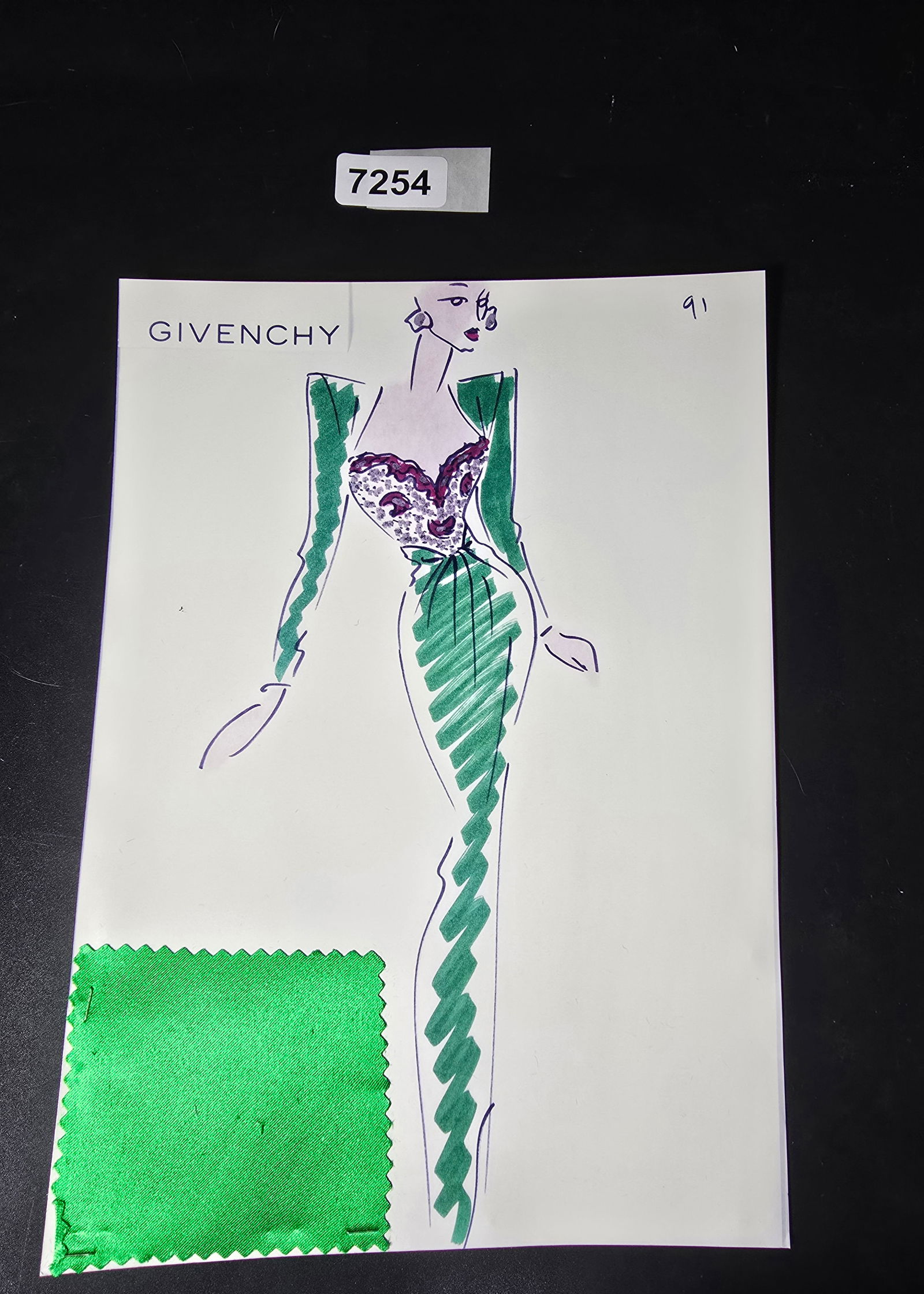 VINTAGE ORIGINAL GIVENCHY PARIS FASHION COLOR ILLUSTRATION WITH COLOR FABRIC SWATCHES #91: VINTAGE ORIGINAL GIVENCHY PARIS FASHION COLOR ILLUSTRATION WITH COLOR FABRIC SWATCHES #91, EACH CAME FROM GIVENCHY PARIS 1980S. AMAZING CONDITION FRM COUTURE BUYER COLLECTOR 1980S! EXCELLENT FOR FRAMI