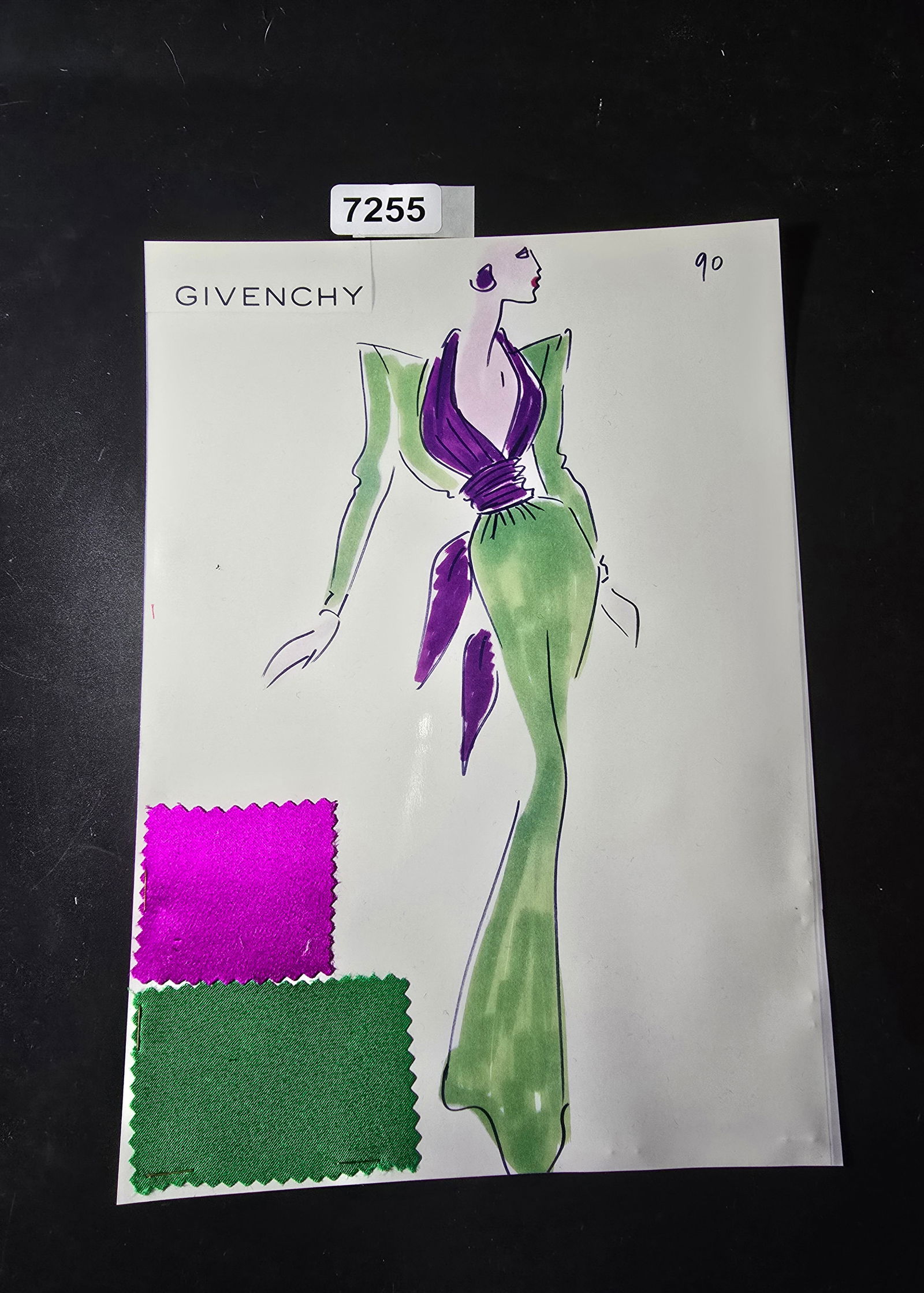 VINTAGE ORIGINAL GIVENCHY PARIS FASHION COLOR ILLUSTRATION WITH COLOR FABRIC SWATCHES #90: VINTAGE ORIGINAL GIVENCHY PARIS FASHION COLOR ILLUSTRATION WITH COLOR FABRIC SWATCHES #90, EACH CAME FROM GIVENCHY PARIS 1980S. AMAZING CONDITION FRM COUTURE BUYER COLLECTOR 1980S! EXCELLENT FOR FRAMI