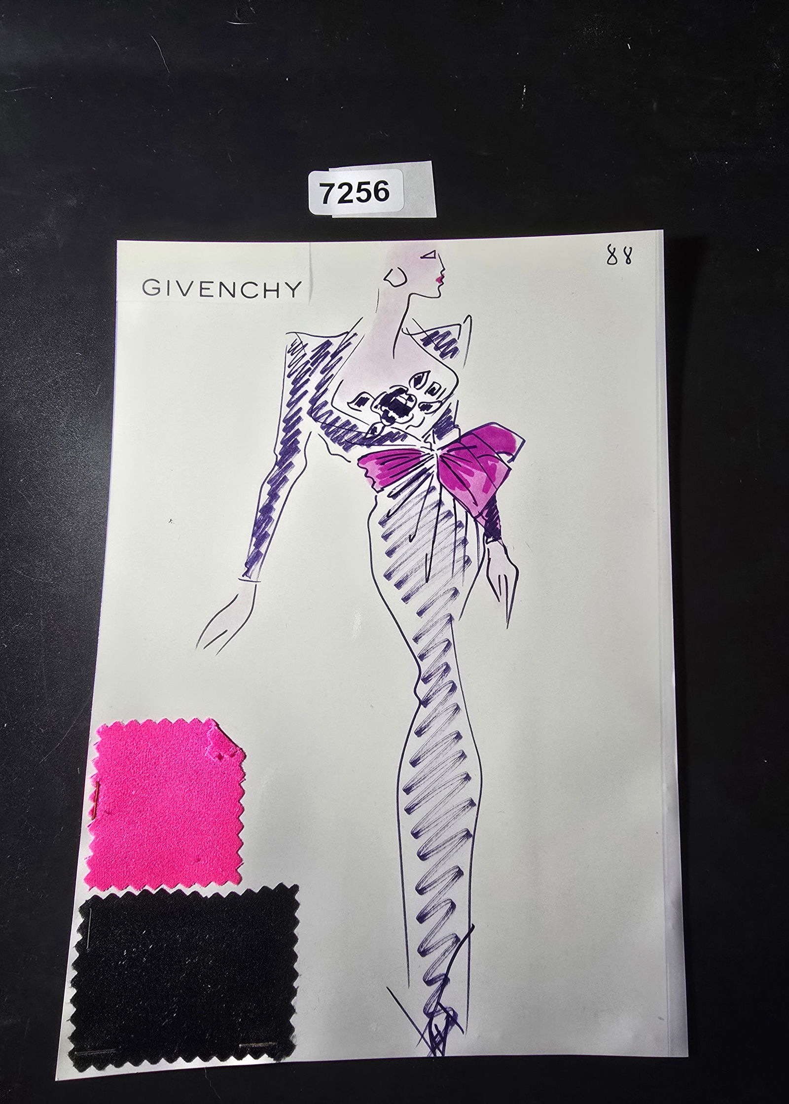 VINTAGE ORIGINAL GIVENCHY PARIS FASHION COLOR ILLUSTRATION WITH COLOR FABRIC SWATCHES #88: VINTAGE ORIGINAL GIVENCHY PARIS FASHION COLOR ILLUSTRATION WITH COLOR FABRIC SWATCHES #88, EACH CAME FROM GIVENCHY PARIS 1980S. AMAZING CONDITION FRM COUTURE BUYER COLLECTOR 1980S! EXCELLENT FOR FRAMI