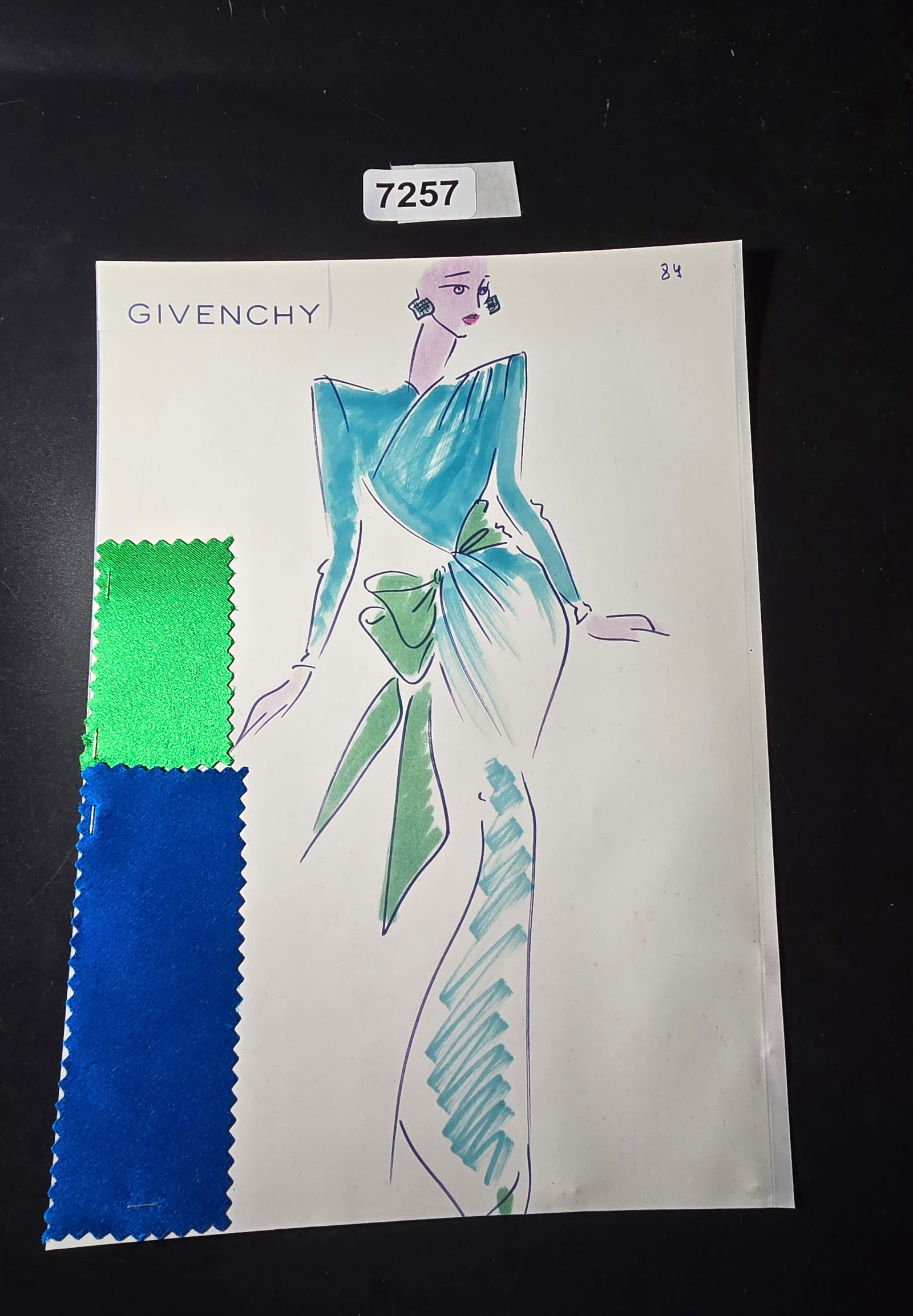 VINTAGE ORIGINAL GIVENCHY PARIS FASHION COLOR ILLUSTRATION WITH COLOR FABRIC SWATCHES #84: VINTAGE ORIGINAL GIVENCHY PARIS FASHION COLOR ILLUSTRATION WITH COLOR FABRIC SWATCHES #84, EACH CAME FROM GIVENCHY PARIS 1980S. AMAZING CONDITION FRM COUTURE BUYER COLLECTOR 1980S! EXCELLENT FOR FRAMI