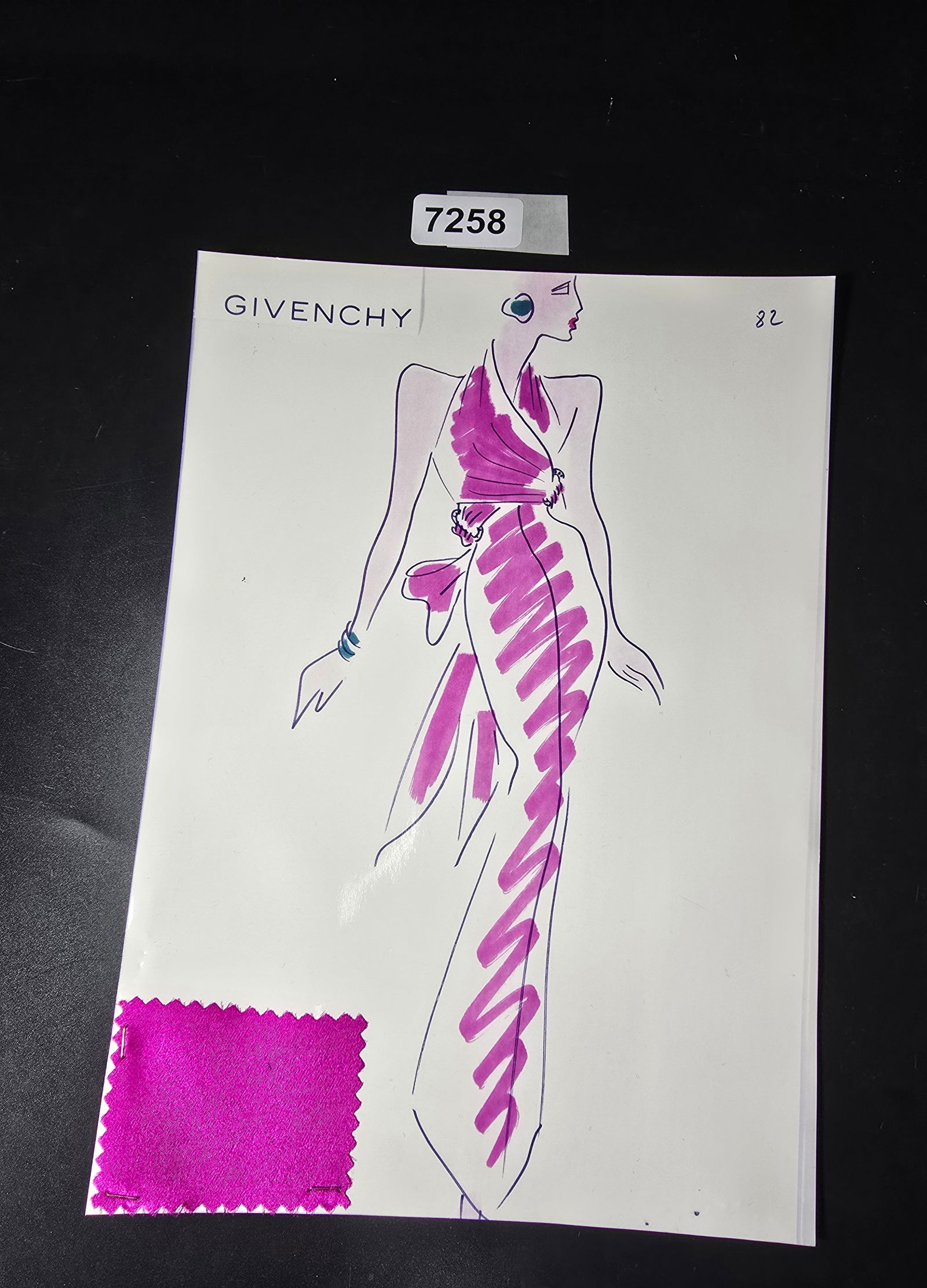 VINTAGE ORIGINAL GIVENCHY PARIS FASHION COLOR ILLUSTRATION WITH COLOR FABRIC SWATCHES #82: VINTAGE ORIGINAL GIVENCHY PARIS FASHION COLOR ILLUSTRATION WITH COLOR FABRIC SWATCHES #82, EACH CAME FROM GIVENCHY PARIS 1980S. AMAZING CONDITION FRM COUTURE BUYER COLLECTOR 1980S! EXCELLENT FOR FRAMI