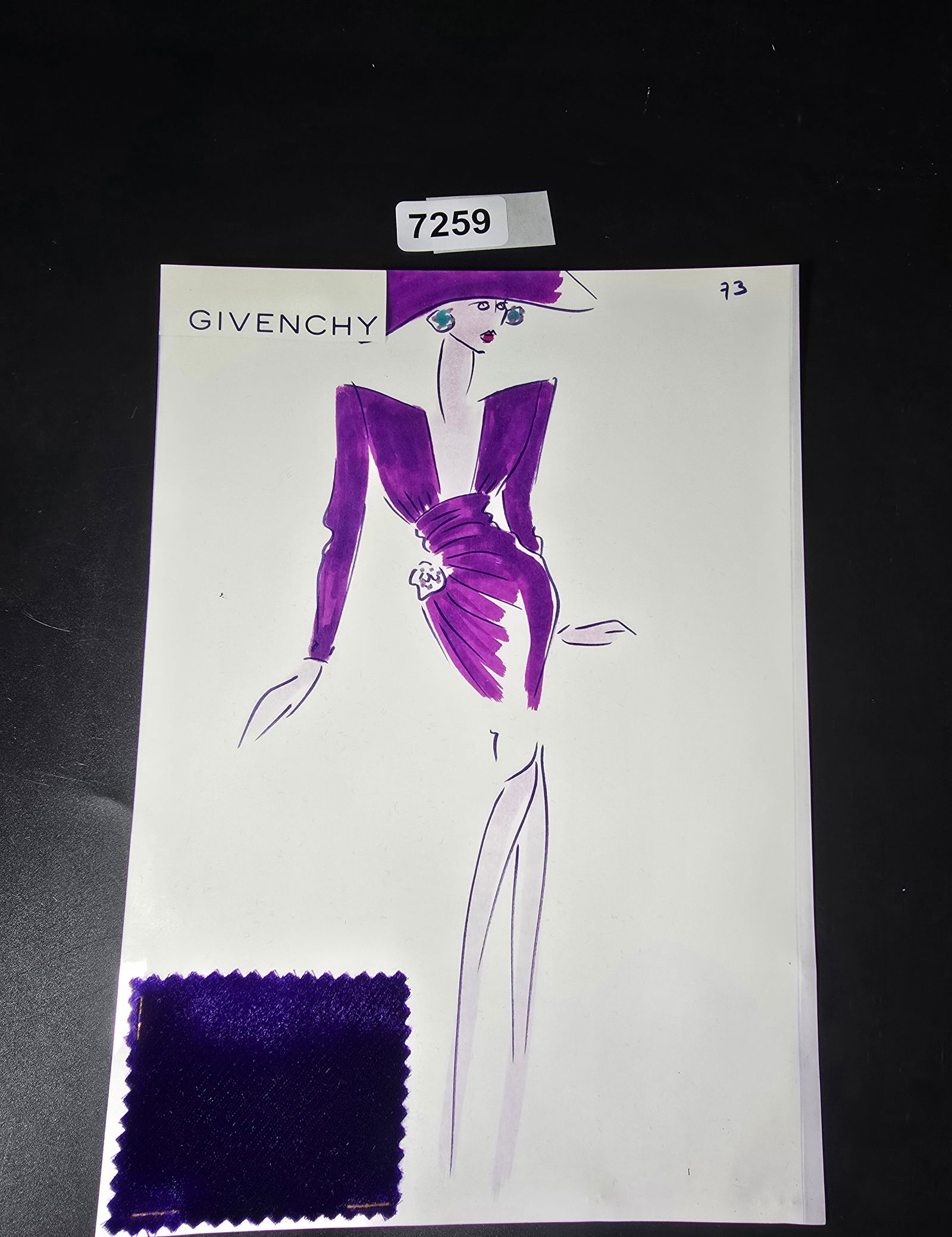 VINTAGE ORIGINAL GIVENCHY PARIS FASHION COLOR ILLUSTRATION WITH COLOR FABRIC SWATCHES #73: VINTAGE ORIGINAL GIVENCHY PARIS FASHION COLOR ILLUSTRATION WITH COLOR FABRIC SWATCHES #73, EACH CAME FROM GIVENCHY PARIS 1980S. AMAZING CONDITION FRM COUTURE BUYER COLLECTOR 1980S! EXCELLENT FOR FRAMI